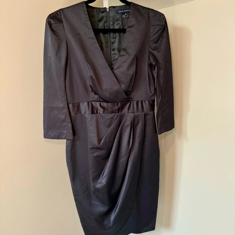 French Connection Black Satiny Faux Wrap Dress 3/4 Slit Sleeve Size 8 N20